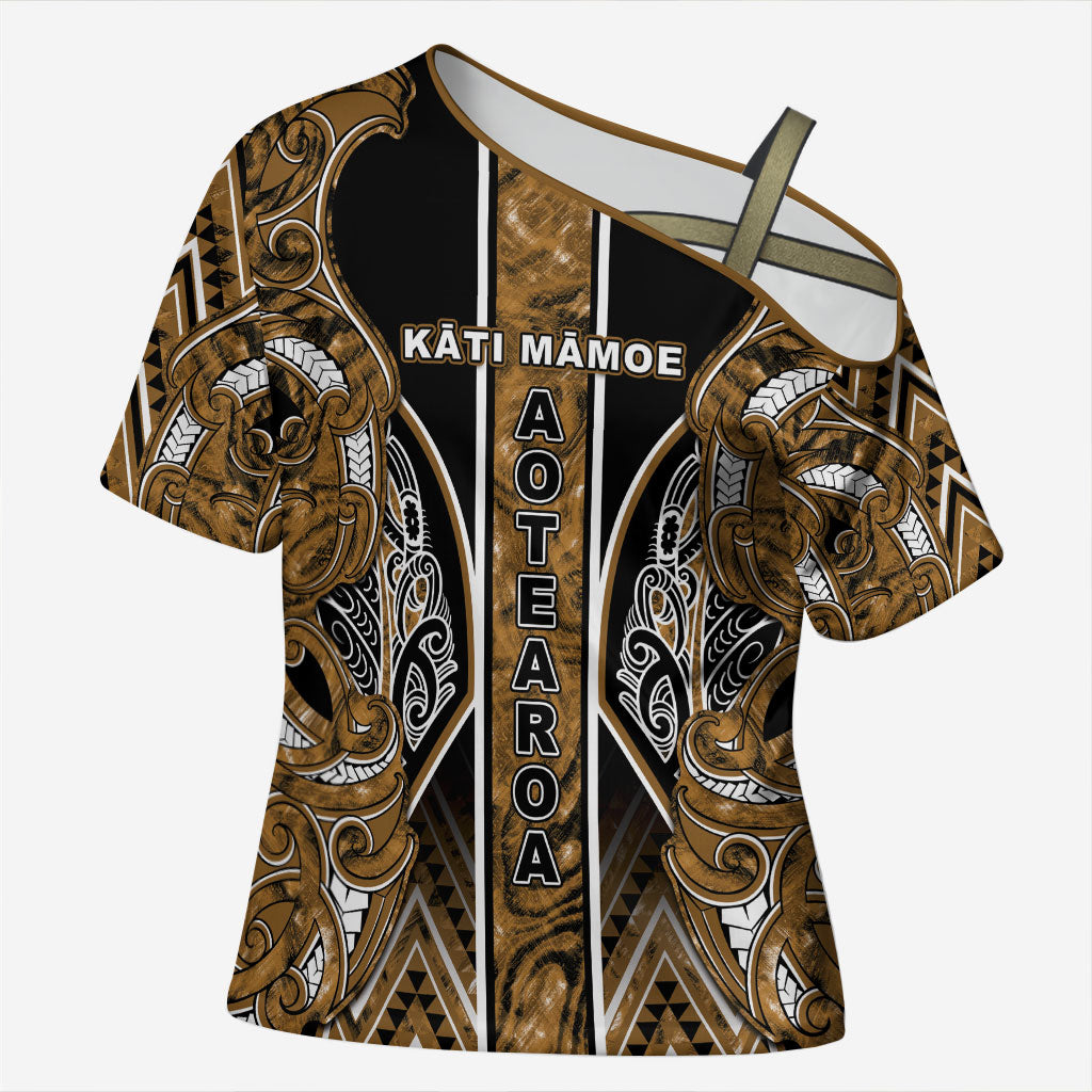 Aotearoa Kati Mamoe Cross Shoulder Shirt Maori Brown Tribal Paua Shell Pattern
