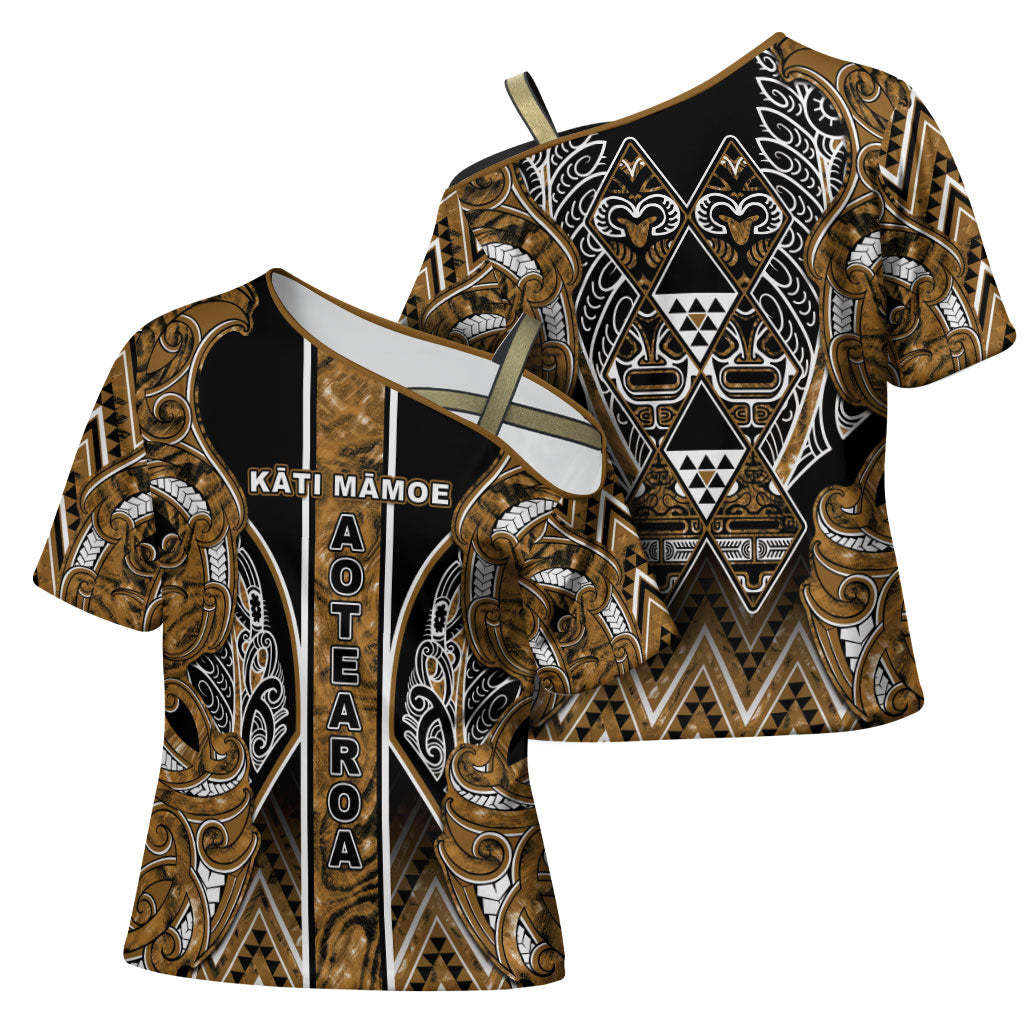Aotearoa Kati Mamoe Cross Shoulder Shirt Maori Brown Tribal Paua Shell Pattern