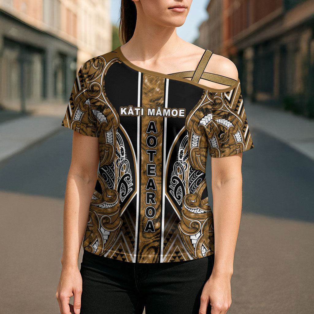 Aotearoa Kati Mamoe Cross Shoulder Shirt Maori Brown Tribal Paua Shell Pattern