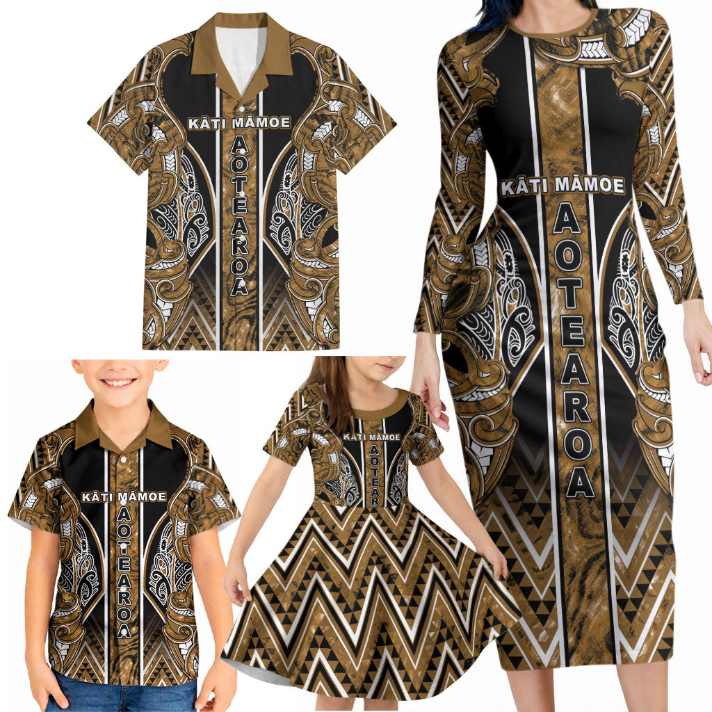 Aotearoa Kati Mamoe Family Matching Long Sleeve Bodycon Dress and Hawaiian Shirt Maori Brown Tribal Paua Shell Pattern