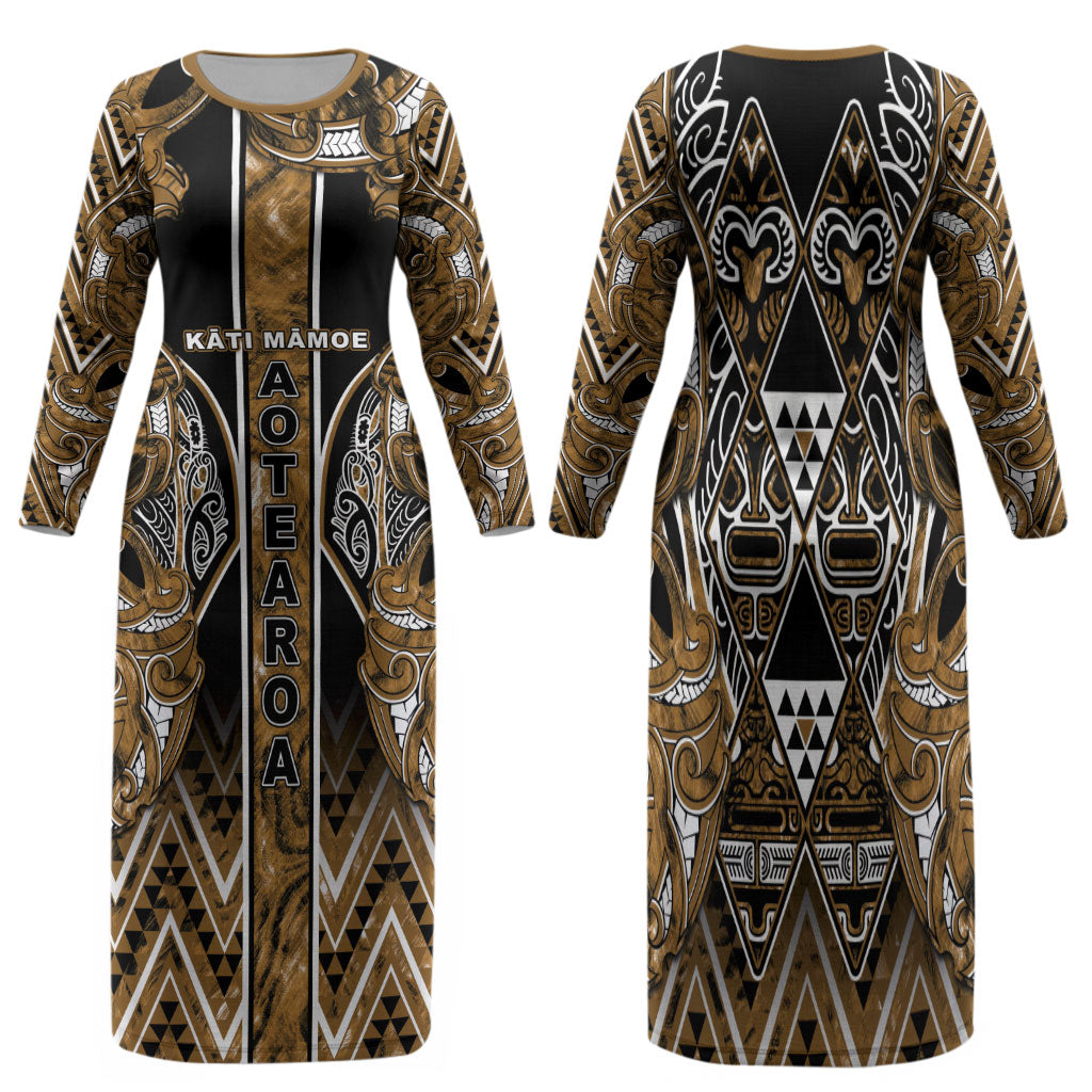 Aotearoa Kati Mamoe Family Matching Long Sleeve Bodycon Dress and Hawaiian Shirt Maori Brown Tribal Paua Shell Pattern