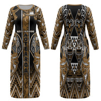 Aotearoa Kati Mamoe Family Matching Long Sleeve Bodycon Dress and Hawaiian Shirt Maori Brown Tribal Paua Shell Pattern