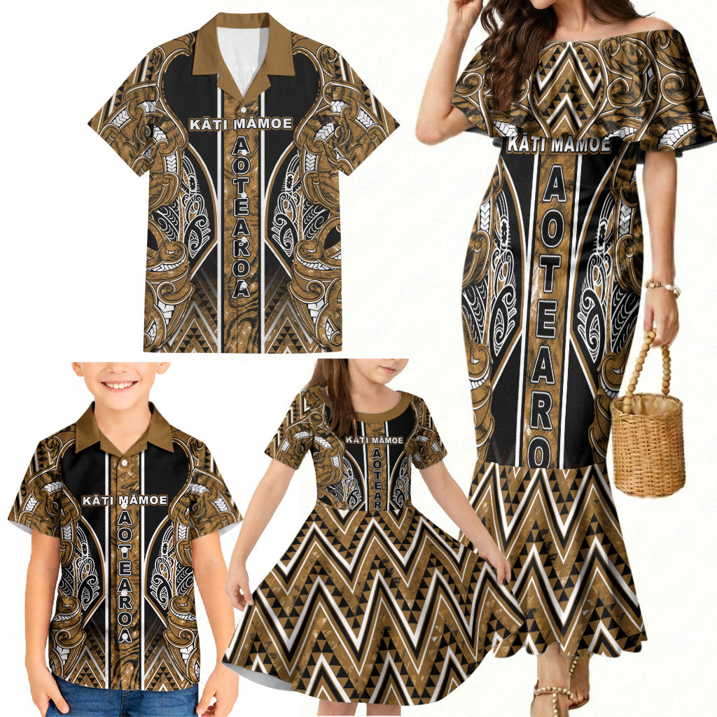 Aotearoa Kati Mamoe Family Matching Mermaid Dress and Hawaiian Shirt Maori Brown Tribal Paua Shell Pattern
