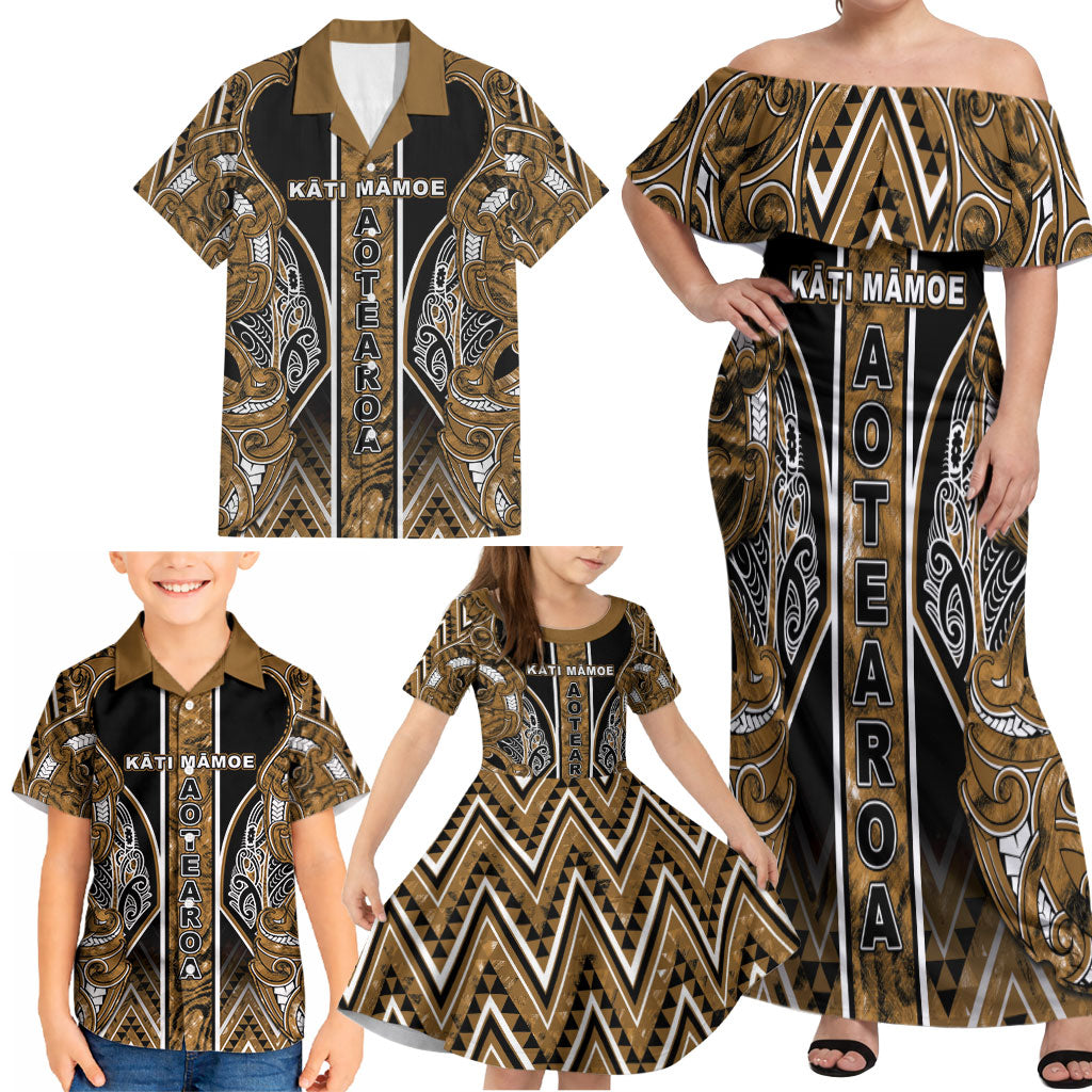 Aotearoa Kati Mamoe Family Matching Off Shoulder Maxi Dress and Hawaiian Shirt Maori Brown Tribal Paua Shell Pattern