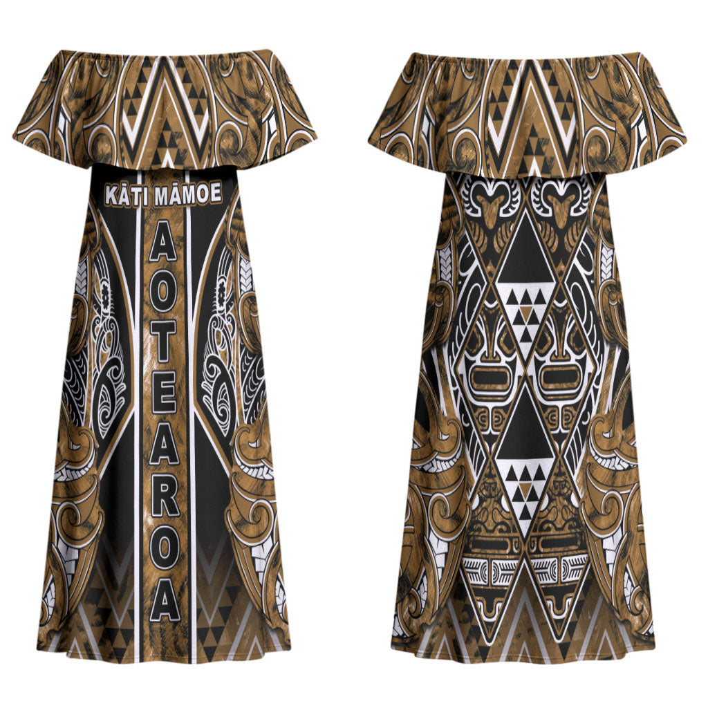 Aotearoa Kati Mamoe Family Matching Off Shoulder Maxi Dress and Hawaiian Shirt Maori Brown Tribal Paua Shell Pattern