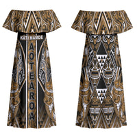 Aotearoa Kati Mamoe Family Matching Off Shoulder Maxi Dress and Hawaiian Shirt Maori Brown Tribal Paua Shell Pattern