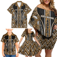 Aotearoa Kati Mamoe Family Matching Off Shoulder Short Dress and Hawaiian Shirt Maori Brown Tribal Paua Shell Pattern