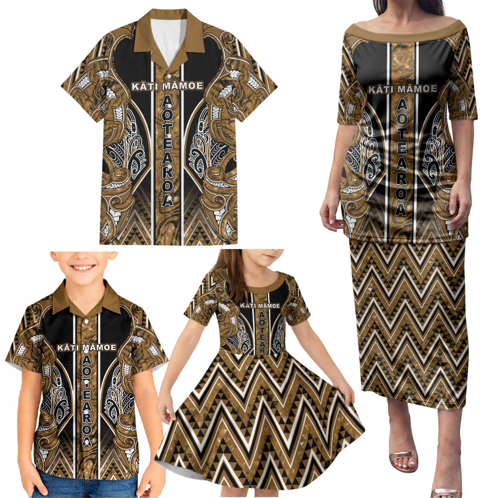 Aotearoa Kati Mamoe Family Matching Puletasi and Hawaiian Shirt Maori Brown Tribal Paua Shell Pattern