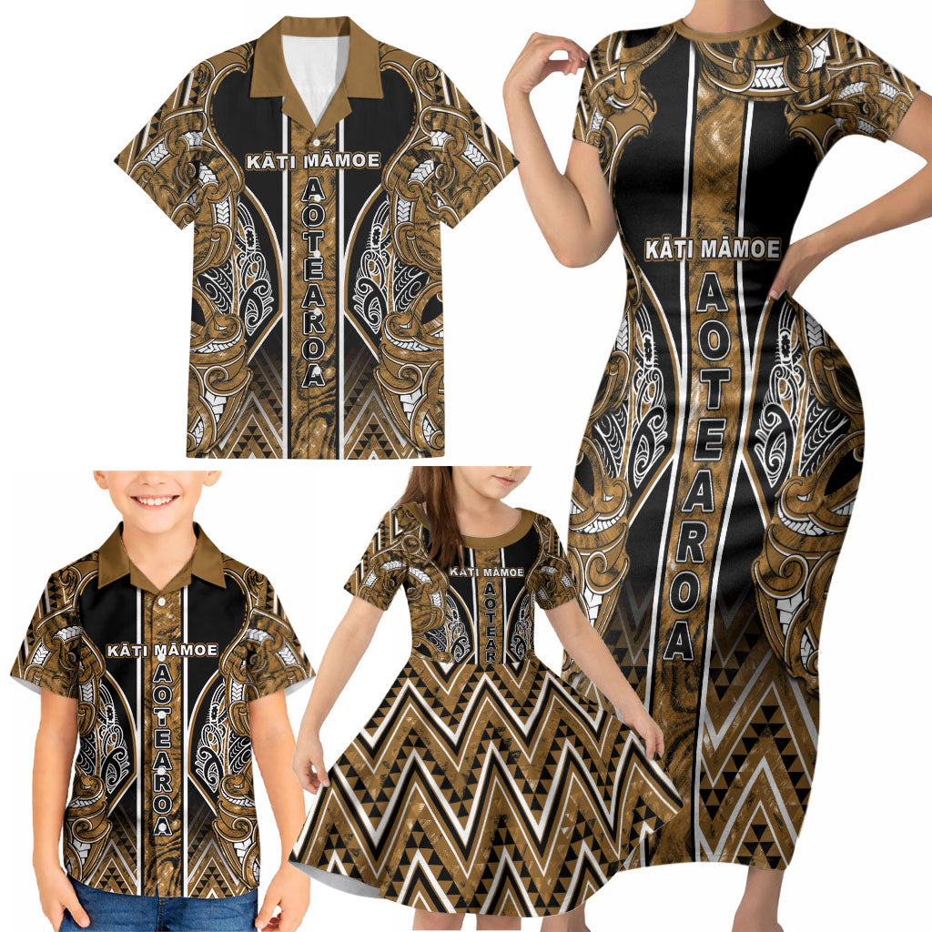 Aotearoa Kati Mamoe Family Matching Short Sleeve Bodycon Dress and Hawaiian Shirt Maori Brown Tribal Paua Shell Pattern