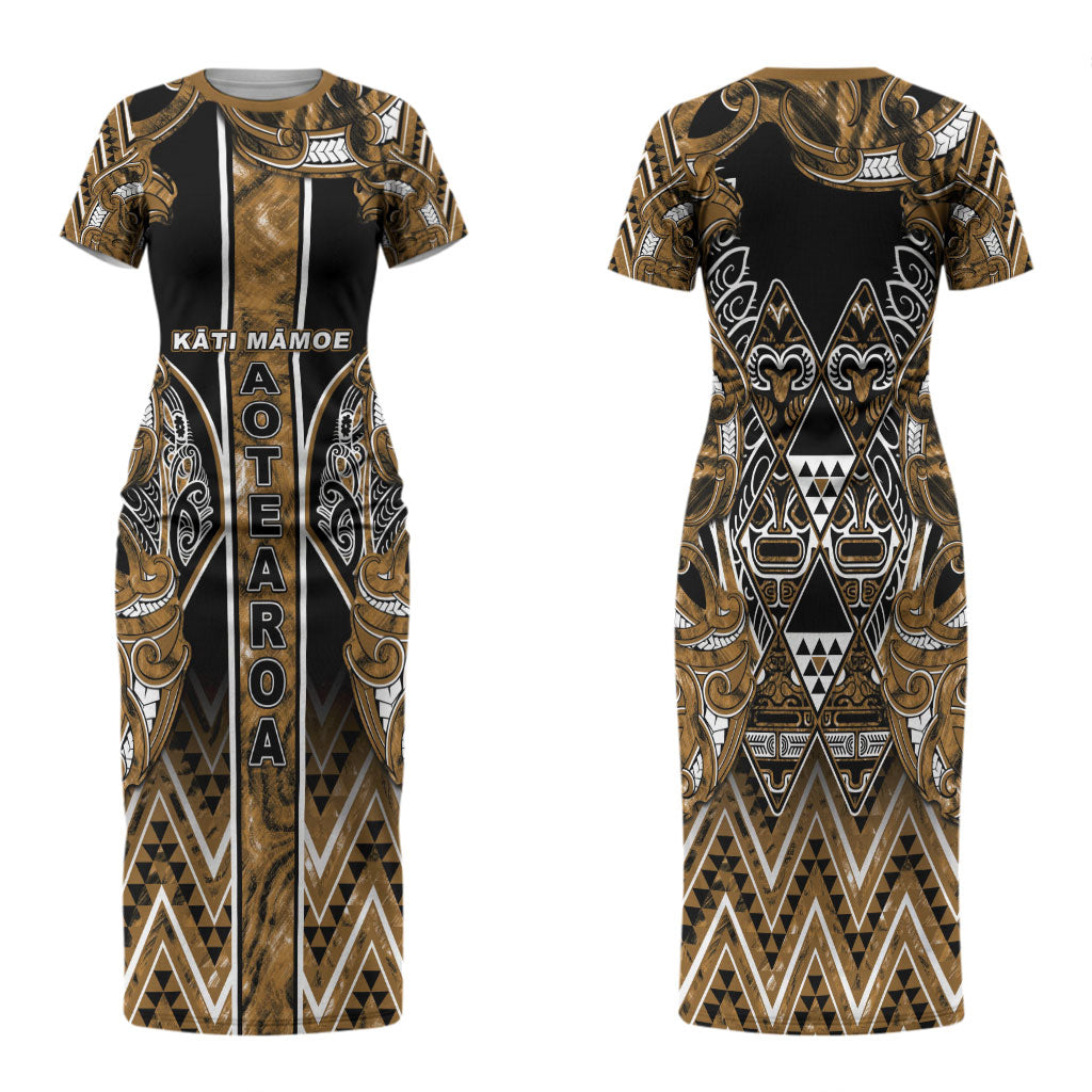Aotearoa Kati Mamoe Family Matching Short Sleeve Bodycon Dress and Hawaiian Shirt Maori Brown Tribal Paua Shell Pattern