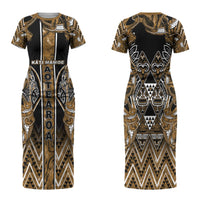 Aotearoa Kati Mamoe Family Matching Short Sleeve Bodycon Dress and Hawaiian Shirt Maori Brown Tribal Paua Shell Pattern