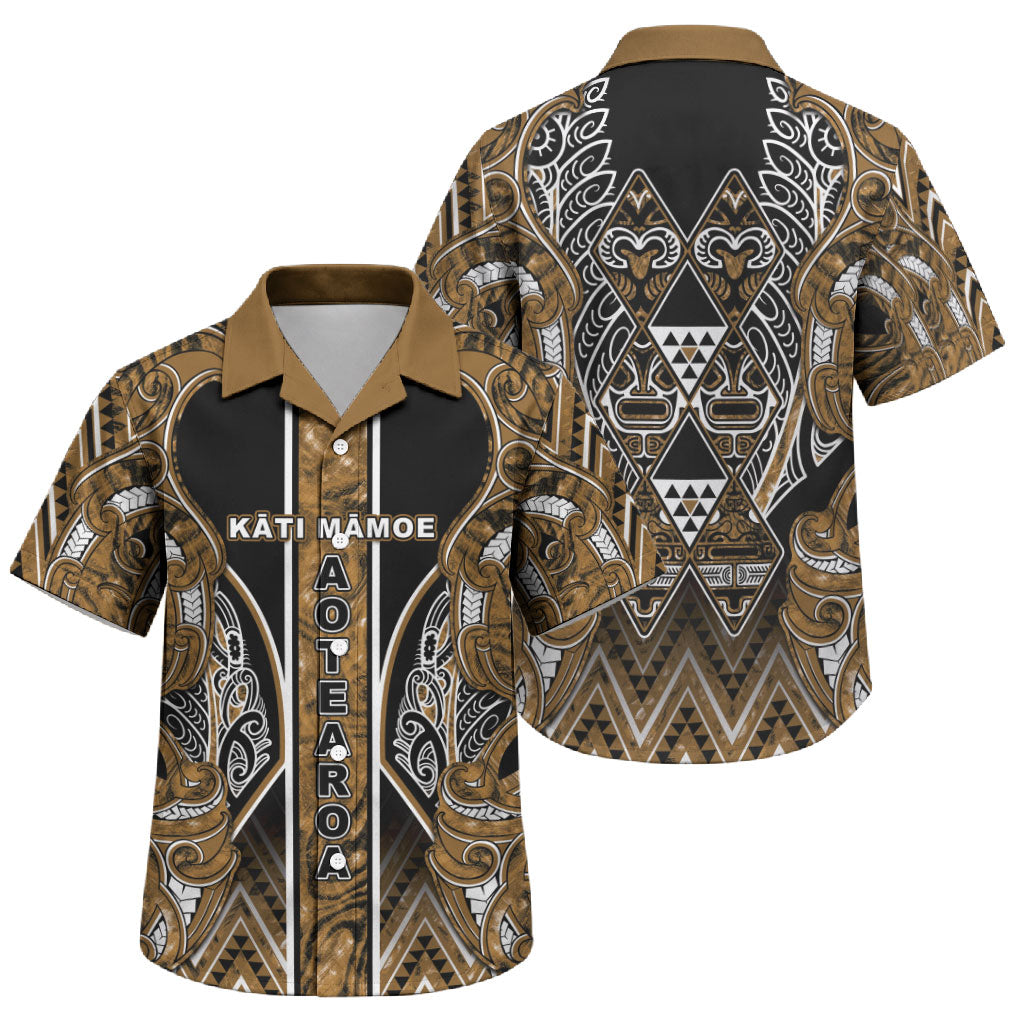 Aotearoa Kati Mamoe Family Matching Short Sleeve Bodycon Dress and Hawaiian Shirt Maori Brown Tribal Paua Shell Pattern