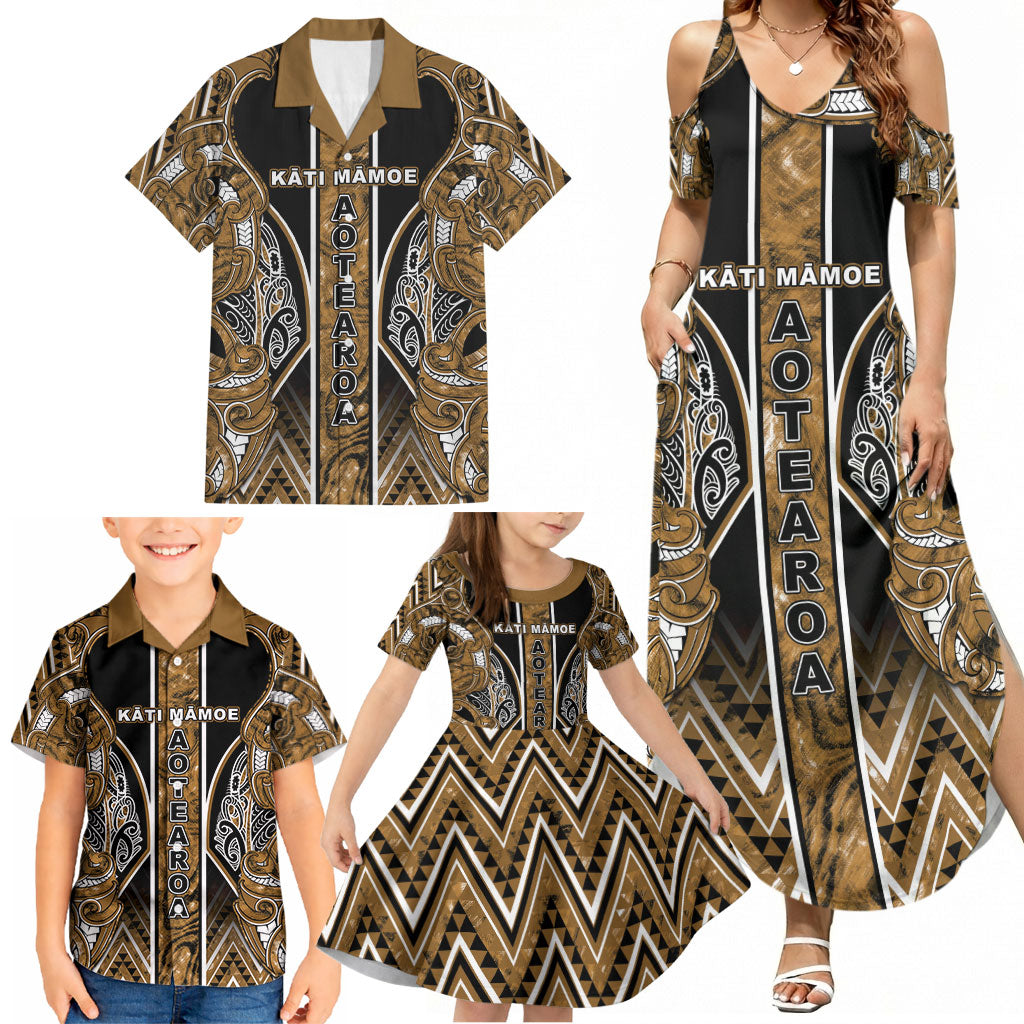 Aotearoa Kati Mamoe Family Matching Summer Maxi Dress and Hawaiian Shirt Maori Brown Tribal Paua Shell Pattern DT05 - Polynesian Pride