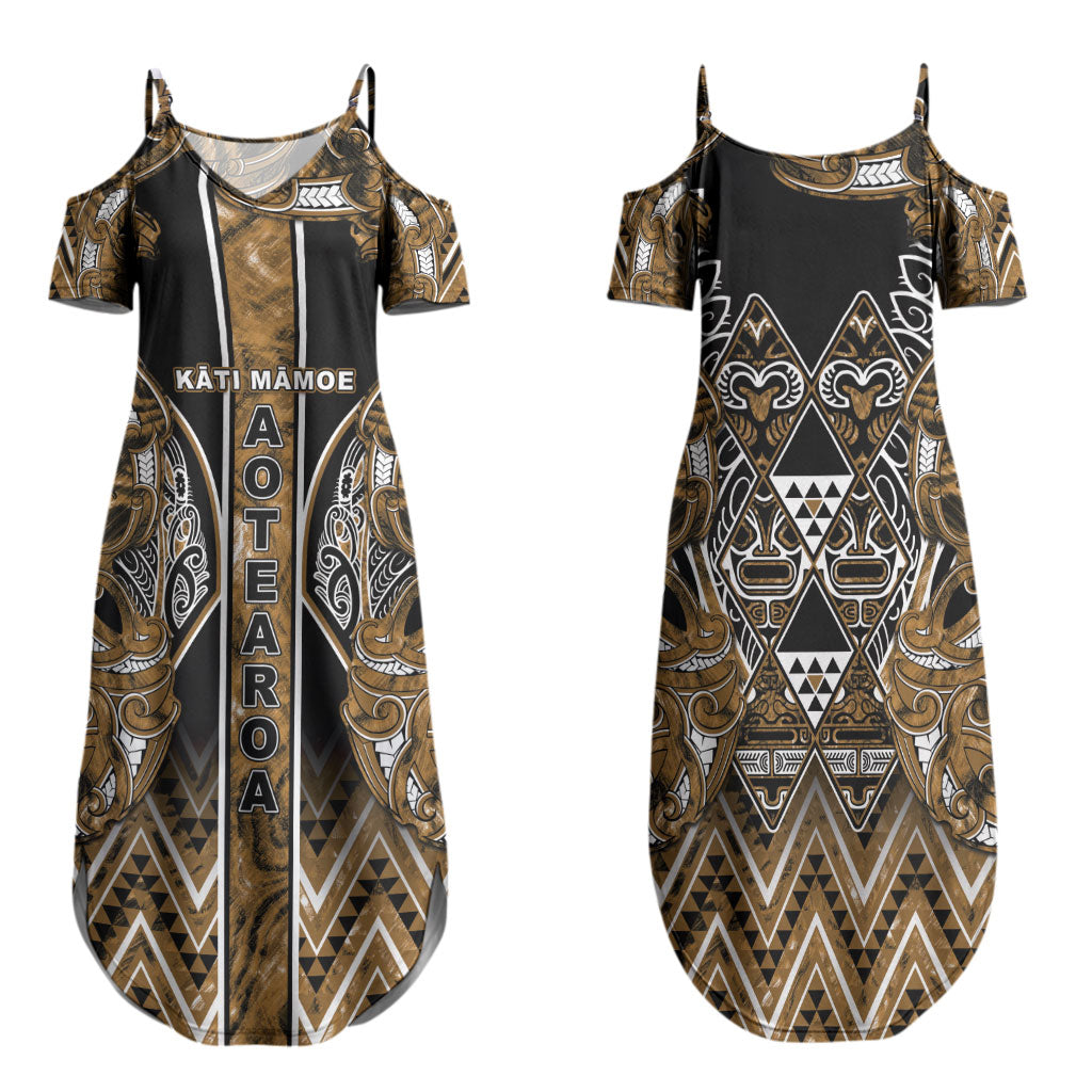 Aotearoa Kati Mamoe Family Matching Summer Maxi Dress and Hawaiian Shirt Maori Brown Tribal Paua Shell Pattern