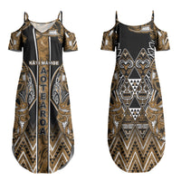 Aotearoa Kati Mamoe Family Matching Summer Maxi Dress and Hawaiian Shirt Maori Brown Tribal Paua Shell Pattern