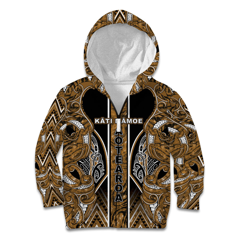 Aotearoa Kati Mamoe Kid Hoodie Maori Brown Tribal Paua Shell Pattern