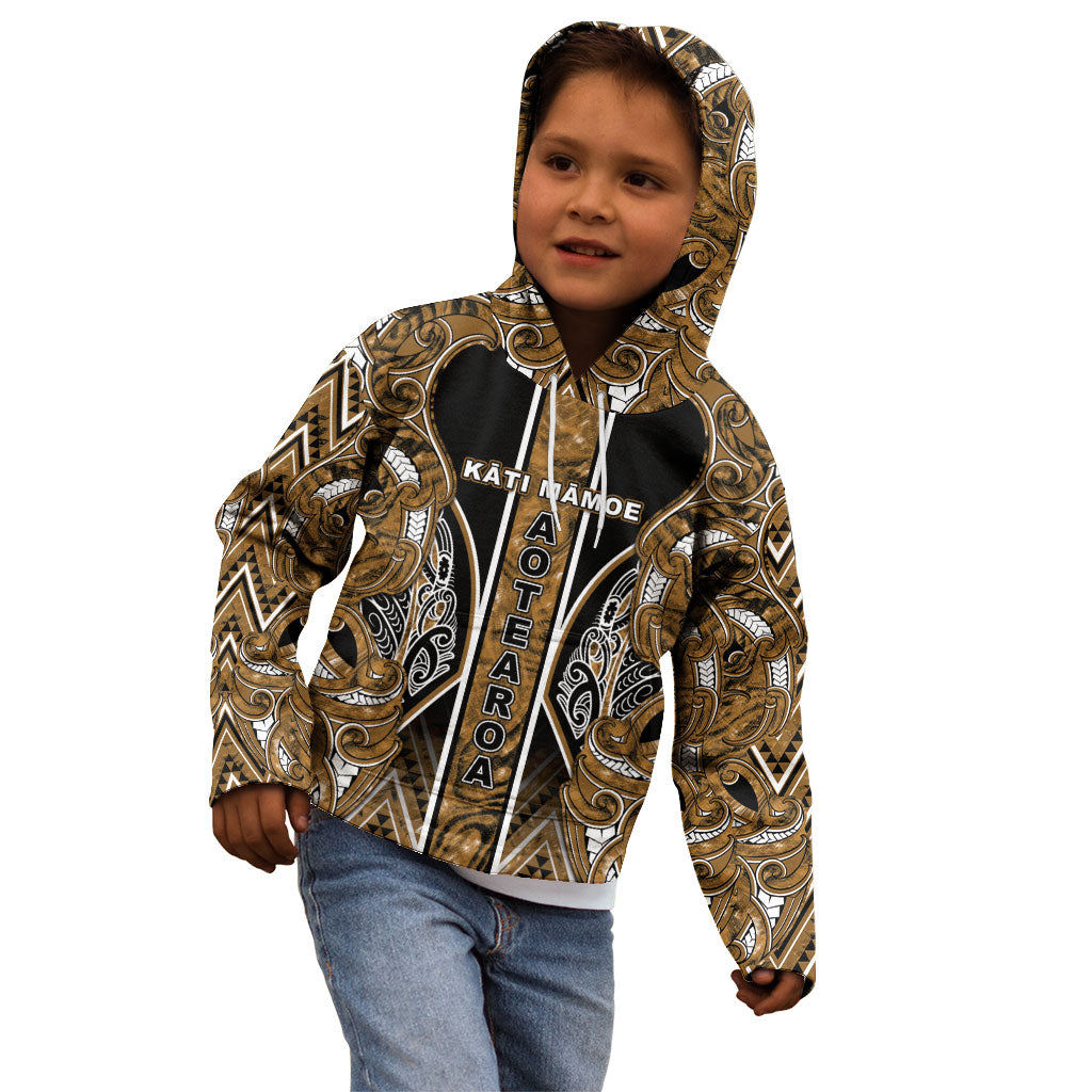 Aotearoa Kati Mamoe Kid Hoodie Maori Brown Tribal Paua Shell Pattern