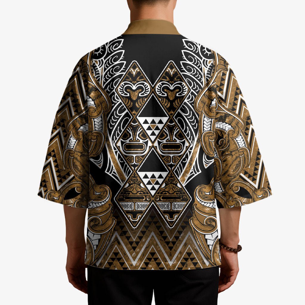 Aotearoa Kati Mamoe Kimono Maori Brown Tribal Paua Shell Pattern