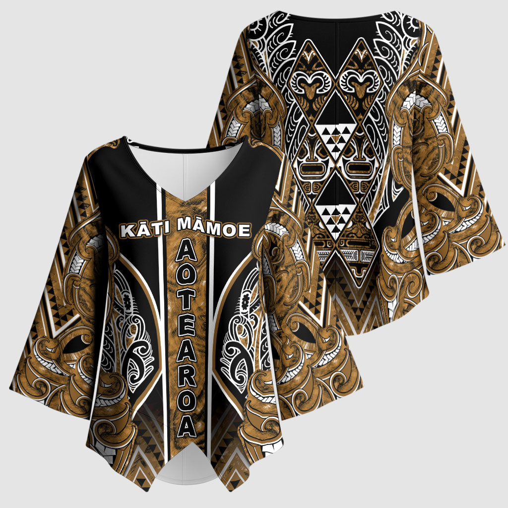 Aotearoa Kati Mamoe Kimono Sleeve Blouse Maori Brown Tribal Paua Shell Pattern