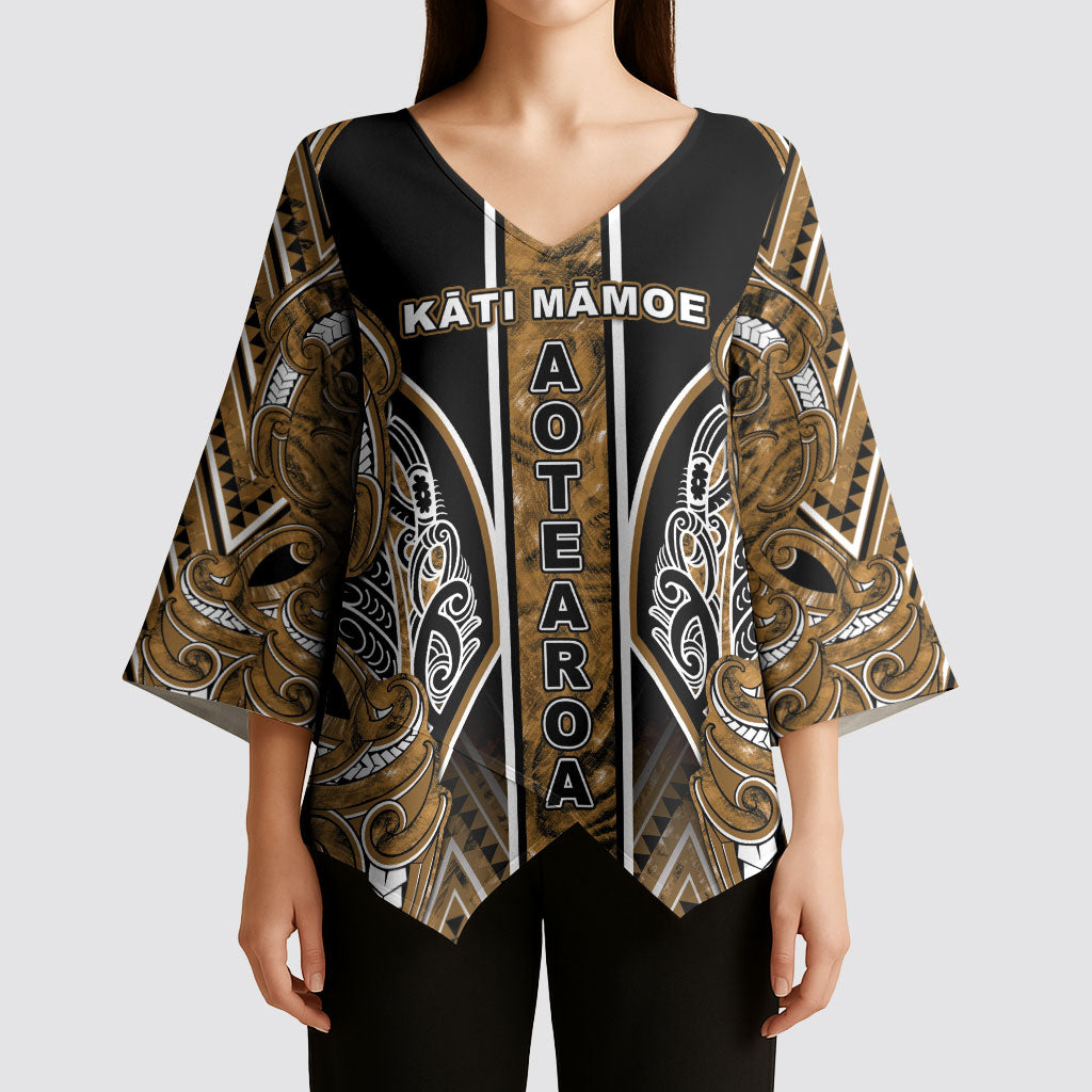 Aotearoa Kati Mamoe Kimono Sleeve Blouse Maori Brown Tribal Paua Shell Pattern