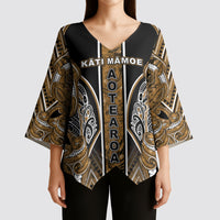 Aotearoa Kati Mamoe Kimono Sleeve Blouse Maori Brown Tribal Paua Shell Pattern