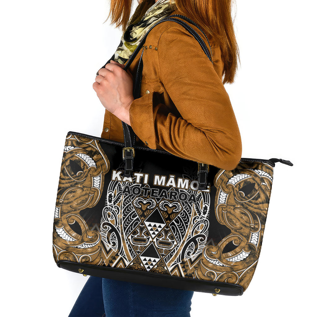 Aotearoa Kati Mamoe Leather Tote Bag Maori Brown Tribal Paua Shell Pattern DT05 Brown - Polynesian Pride