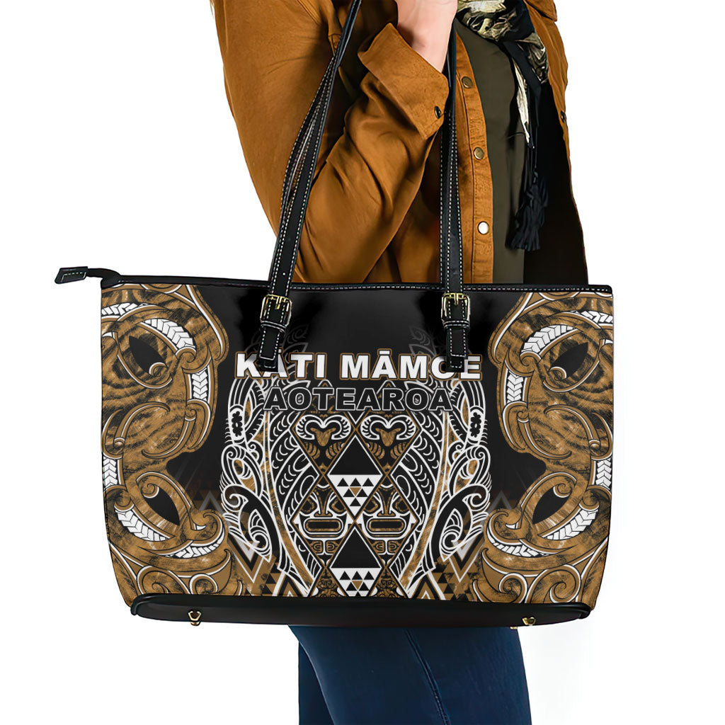 Aotearoa Kati Mamoe Leather Tote Bag Maori Brown Tribal Paua Shell Pattern