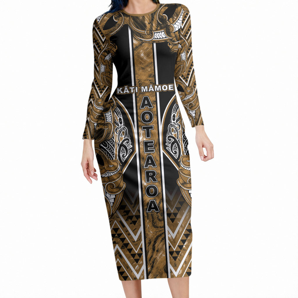 Aotearoa Kati Mamoe Long Sleeve Bodycon Dress Maori Brown Tribal Paua Shell Pattern