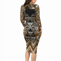 Aotearoa Kati Mamoe Long Sleeve Bodycon Dress Maori Brown Tribal Paua Shell Pattern