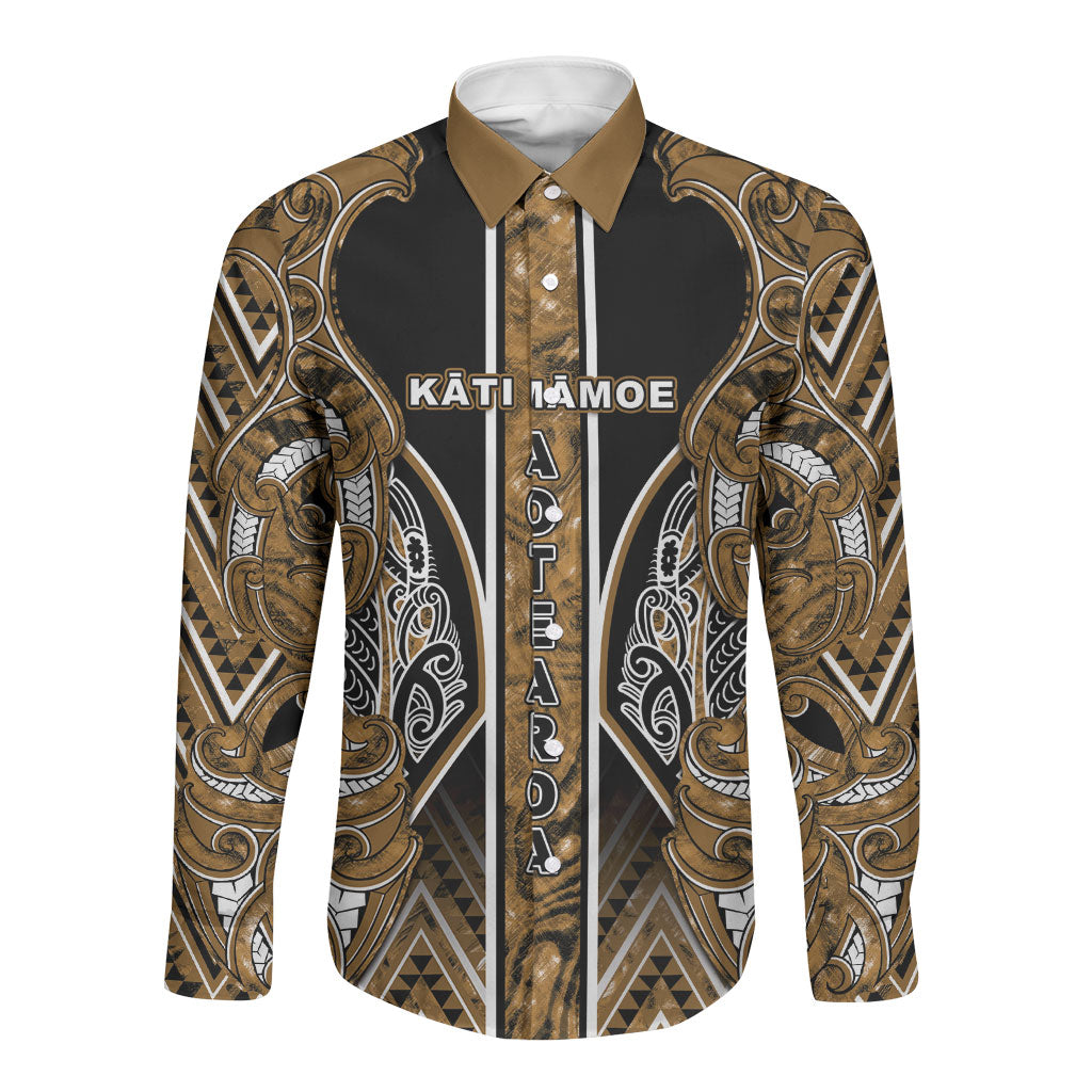 Aotearoa Kati Mamoe Long Sleeve Button Shirt Maori Brown Tribal Paua Shell Pattern DT05 Unisex Brown - Polynesian Pride