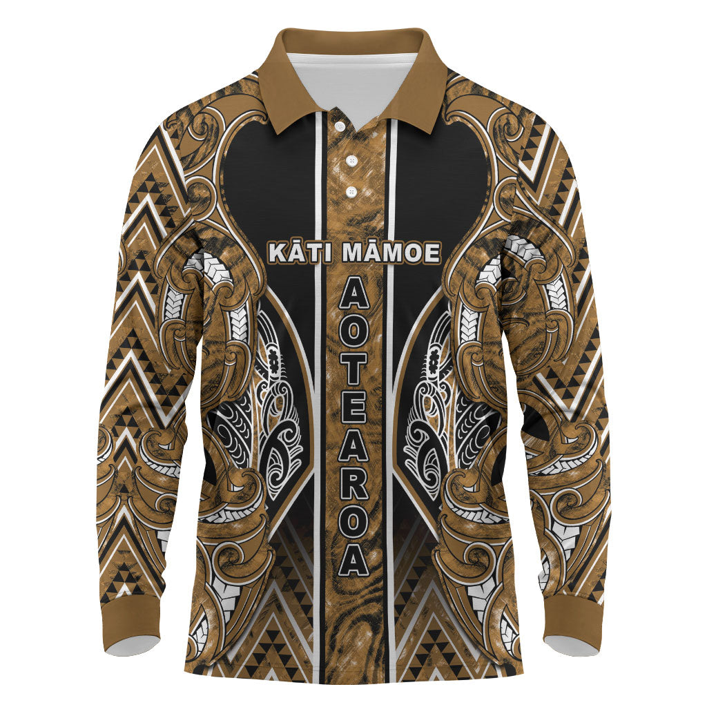 Aotearoa Kati Mamoe Long Sleeve Polo Shirt Maori Brown Tribal Paua Shell Pattern