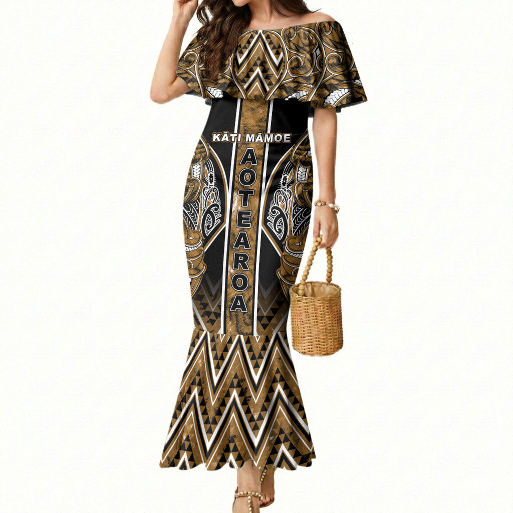 Aotearoa Kati Mamoe Mermaid Dress Maori Brown Tribal Paua Shell Pattern