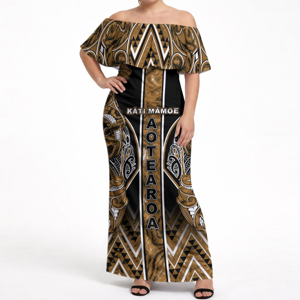 Aotearoa Kati Mamoe Off Shoulder Maxi Dress Maori Brown Tribal Paua Shell Pattern