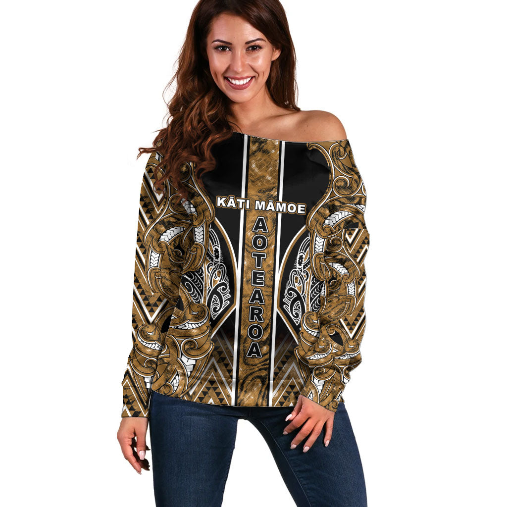 Aotearoa Kati Mamoe Off Shoulder Sweater Maori Brown Tribal Paua Shell Pattern