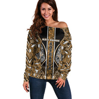 Aotearoa Kati Mamoe Off Shoulder Sweater Maori Brown Tribal Paua Shell Pattern