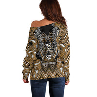 Aotearoa Kati Mamoe Off Shoulder Sweater Maori Brown Tribal Paua Shell Pattern