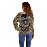 Aotearoa Kati Mamoe Off Shoulder Sweater Maori Brown Tribal Paua Shell Pattern