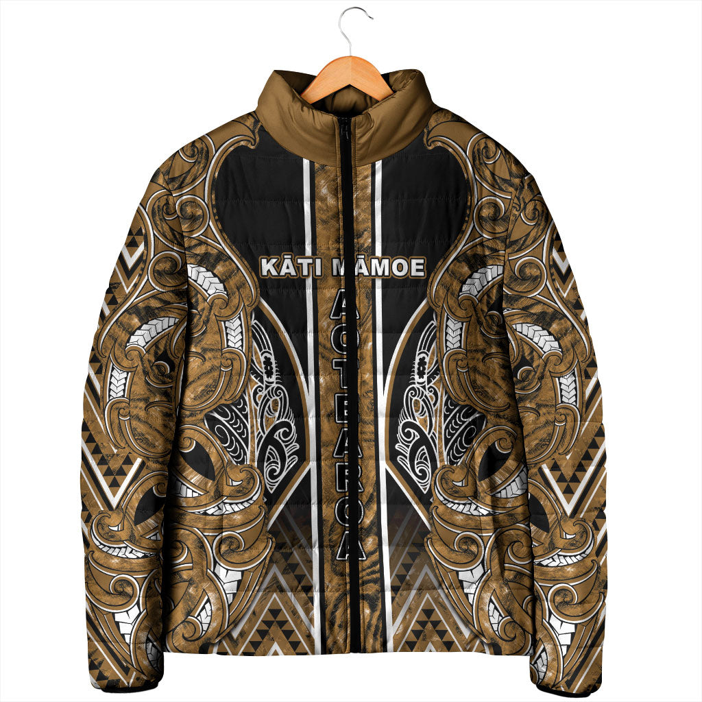 Aotearoa Kati Mamoe Padded Jacket Maori Brown Tribal Paua Shell Pattern