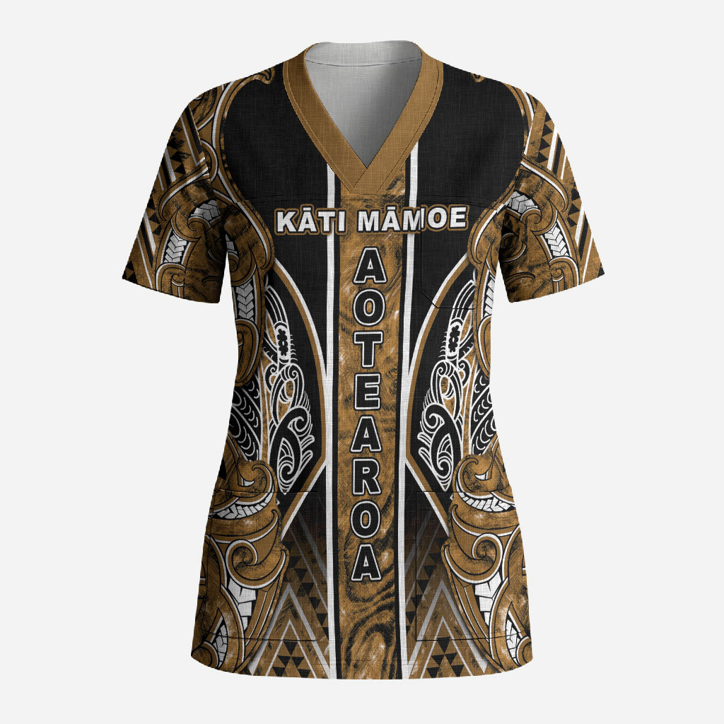 Aotearoa Kati Mamoe Scrub Top Maori Brown Tribal Paua Shell Pattern DT05 Adult Brown - Polynesian Pride