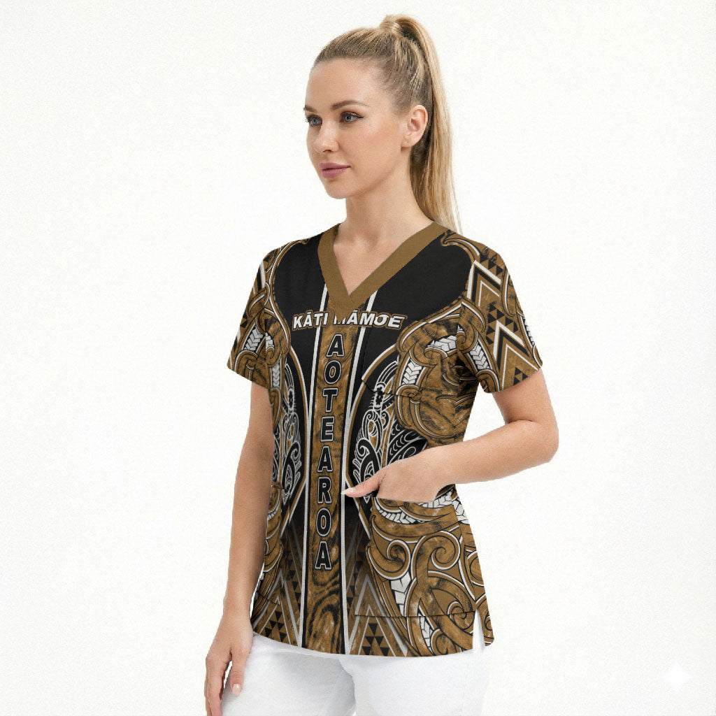 Aotearoa Kati Mamoe Scrub Top Maori Brown Tribal Paua Shell Pattern