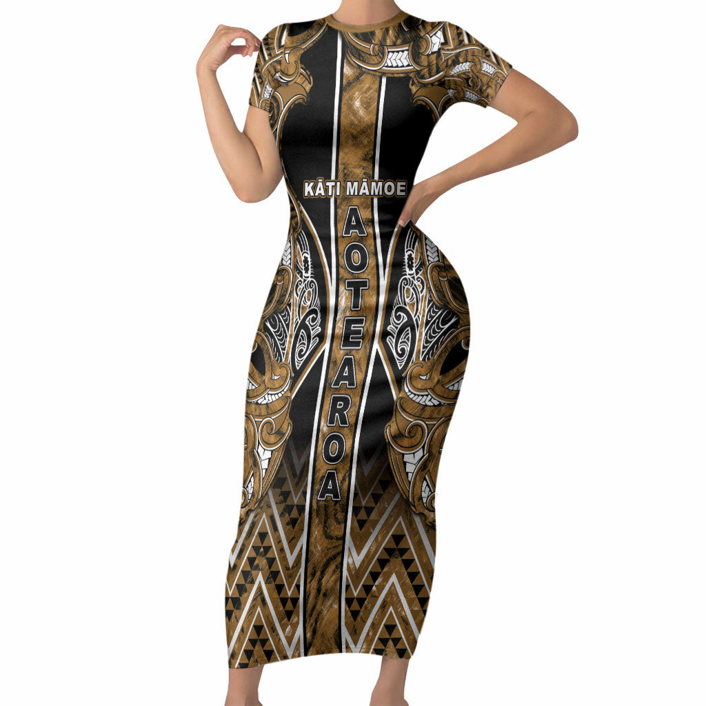 Aotearoa Kati Mamoe Short Sleeve Bodycon Dress Maori Brown Tribal Paua Shell Pattern DT05 Long Dress Brown - Polynesian Pride