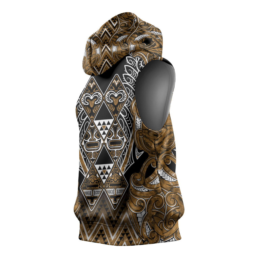 Aotearoa Kati Mamoe Sleeveless Hoodie Maori Brown Tribal Paua Shell Pattern