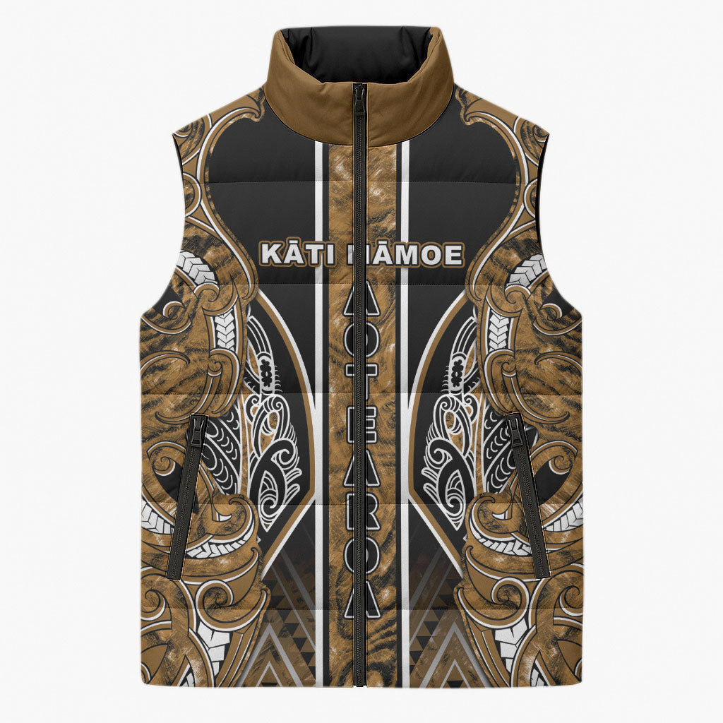 Aotearoa Kati Mamoe Sleeveless Puffer Jacket Maori Brown Tribal Paua Shell Pattern DT05 Unisex Brown - Polynesian Pride