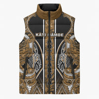Aotearoa Kati Mamoe Sleeveless Puffer Jacket Maori Brown Tribal Paua Shell Pattern