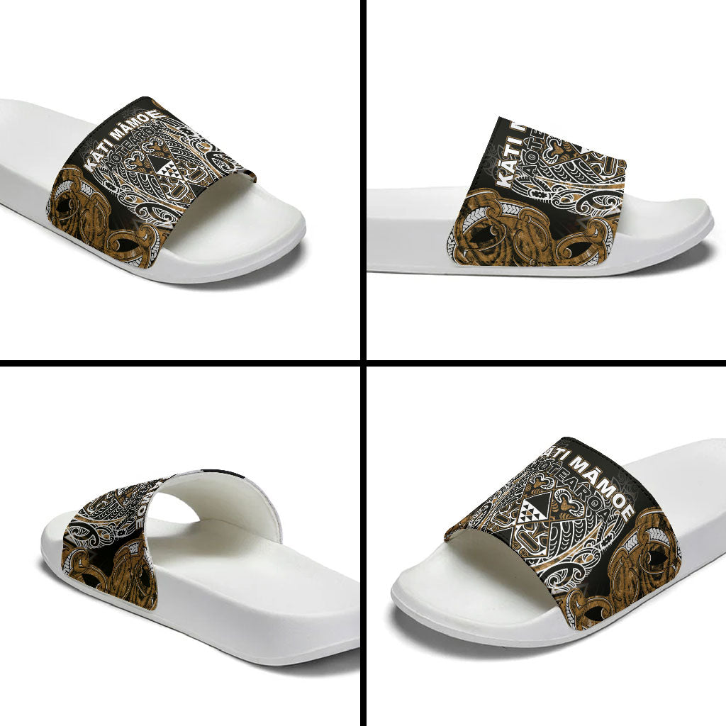 Aotearoa Kati Mamoe Slide Sandals Maori Brown Tribal Paua Shell Pattern