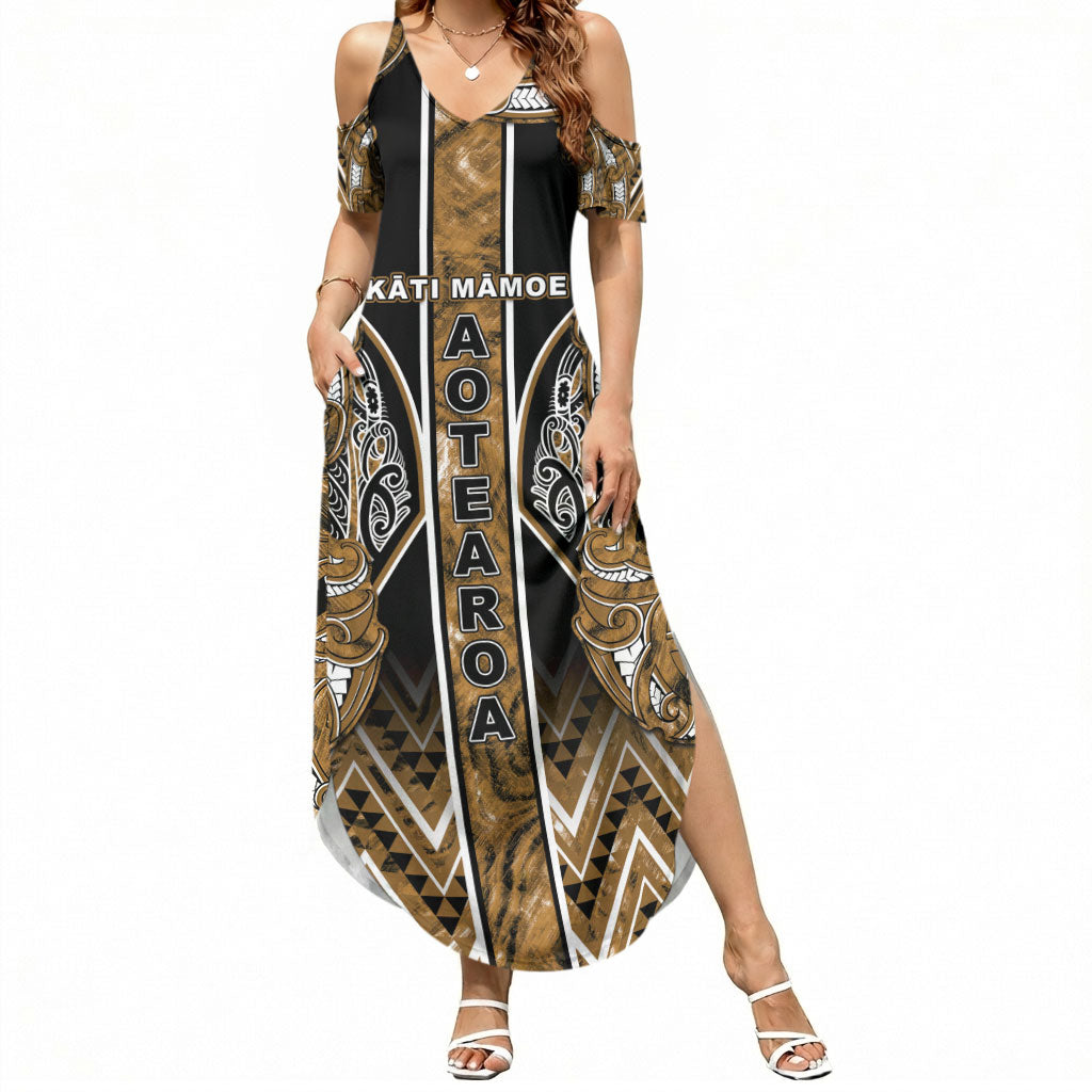 Aotearoa Kati Mamoe Summer Maxi Dress Maori Brown Tribal Paua Shell Pattern