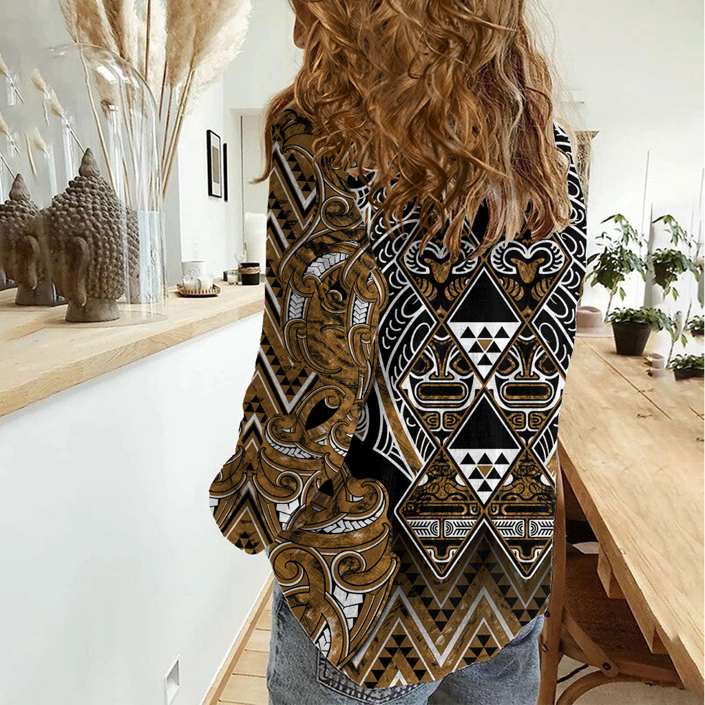 Aotearoa Kati Mamoe Women Casual Shirt Maori Brown Tribal Paua Shell Pattern