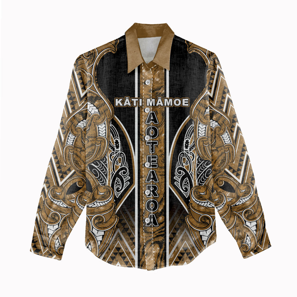Aotearoa Kati Mamoe Women Casual Shirt Maori Brown Tribal Paua Shell Pattern