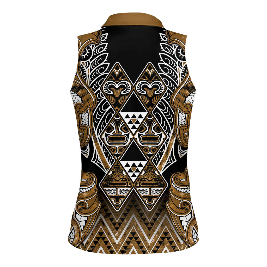 Aotearoa Kati Mamoe Women Sleeveless Polo Shirt Maori Brown Tribal Paua Shell Pattern