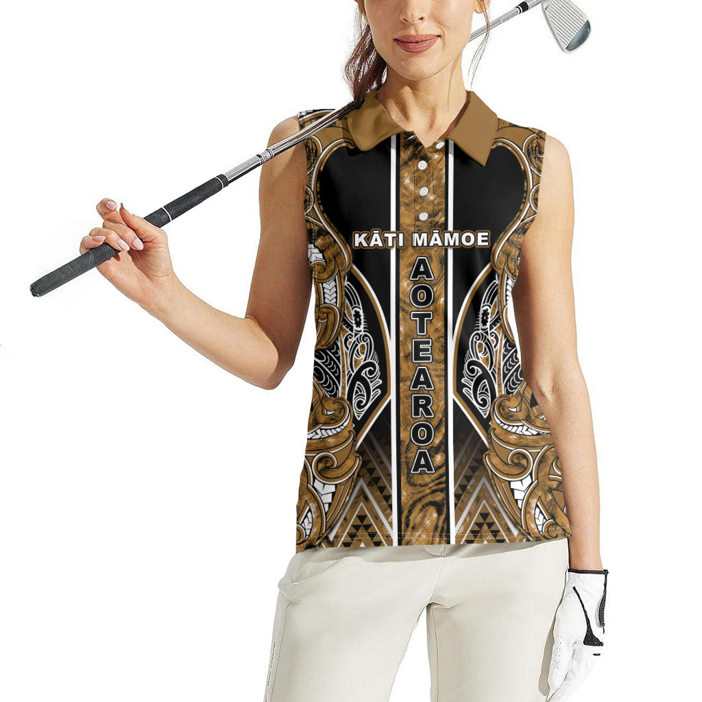 Aotearoa Kati Mamoe Women Sleeveless Polo Shirt Maori Brown Tribal Paua Shell Pattern